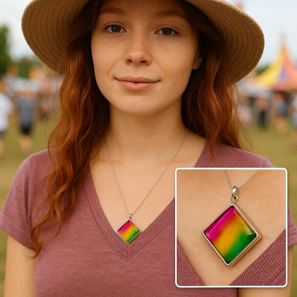 Handmade Resin Pendant Necklace Diamond Shape Pink Yellow Green 18" Silver Chain - Picture 2 of 4